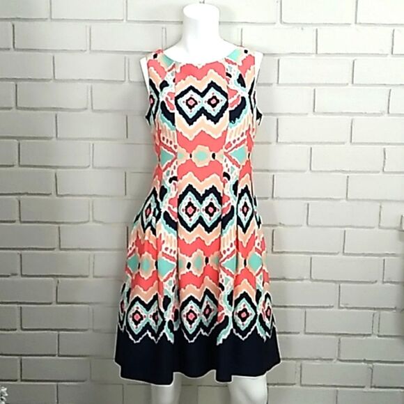 Gabby Skye Multicolor Abstract Pleated Fit & Flare Dress Size 8 - Picture 1 of 12